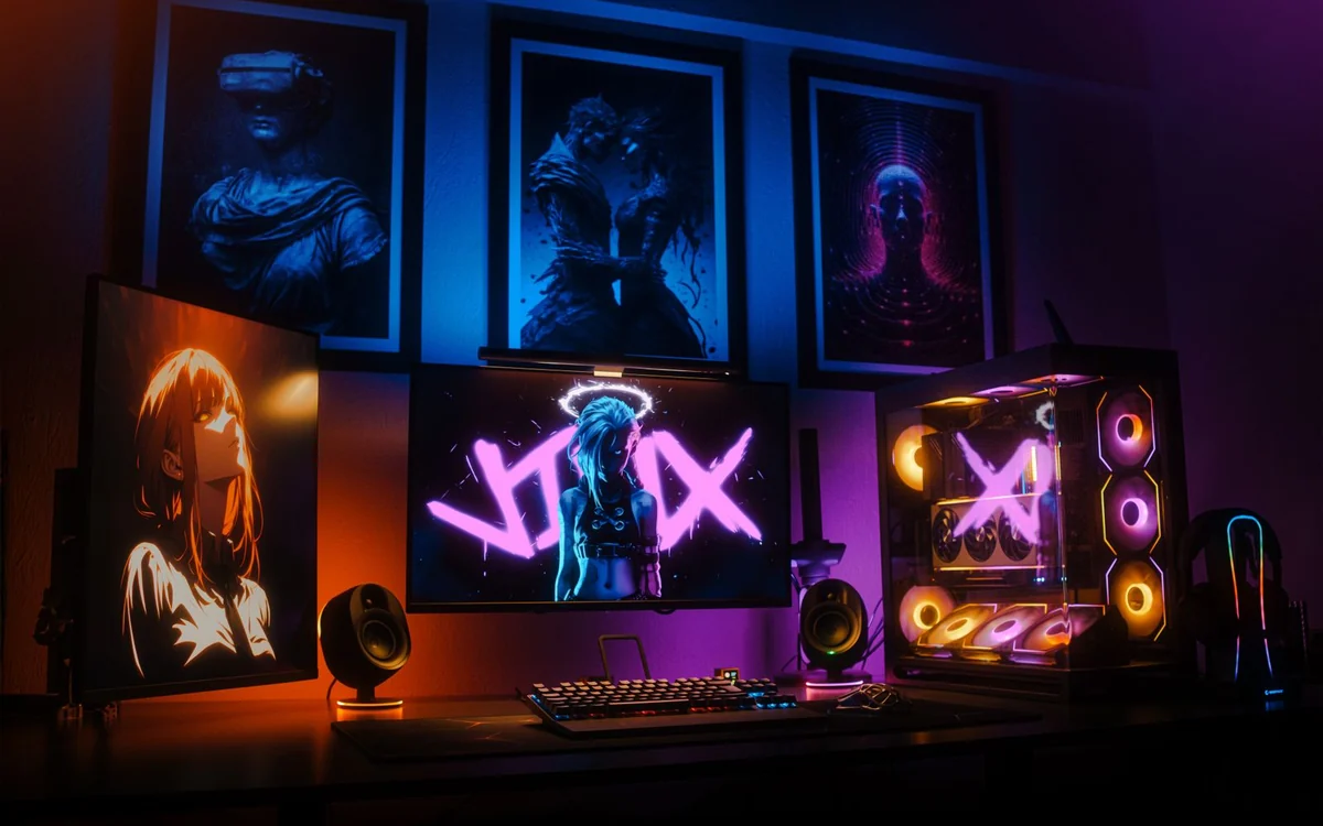 Complete gaming desk with coordinated display and peripherals